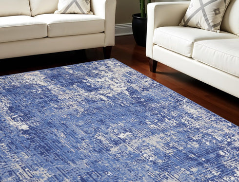 8' X 10' Ivory and Blue Abstract Distressed Area Rug