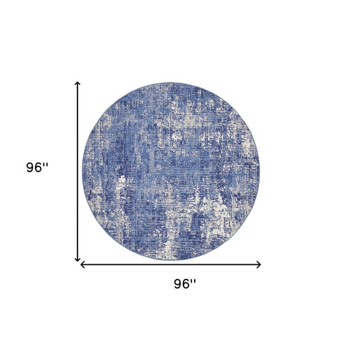 8' Ivory and Blue Abstract Distressed Round Rug