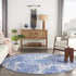 8' Ivory and Blue Abstract Distressed Round Rug