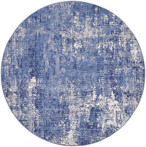 8' Ivory and Blue Abstract Distressed Round Rug