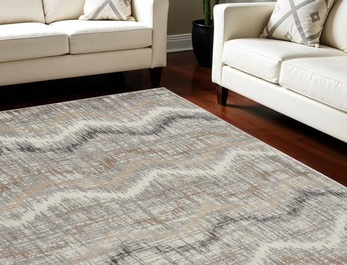 8' X 10' Ivory Gray and Brown Chevron Non Skid Area Rug