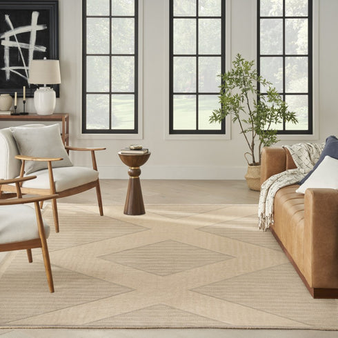 8' X 10' Natural And Beige Geometric Flatweave Non Skid Area Rug With Fringe