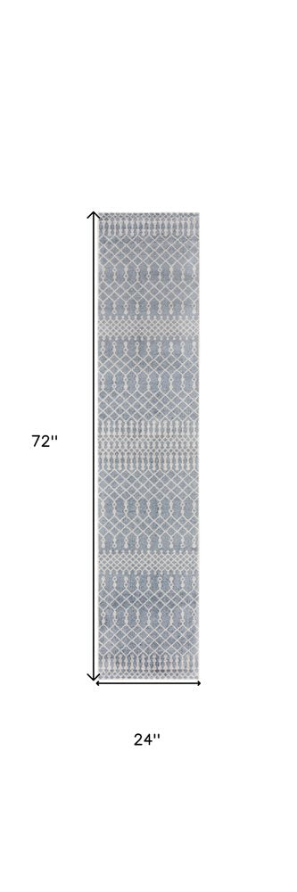 6' Blue And Ivory Geometric Runner Rug