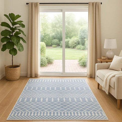 6' Blue And Ivory Geometric Runner Rug