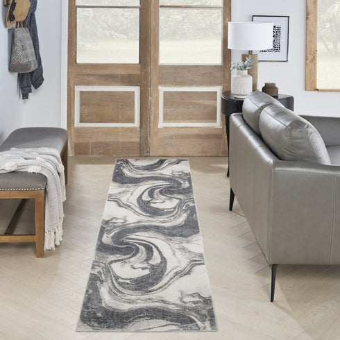 6' Ivory Gray And Charcoal Abstract Runner Rug