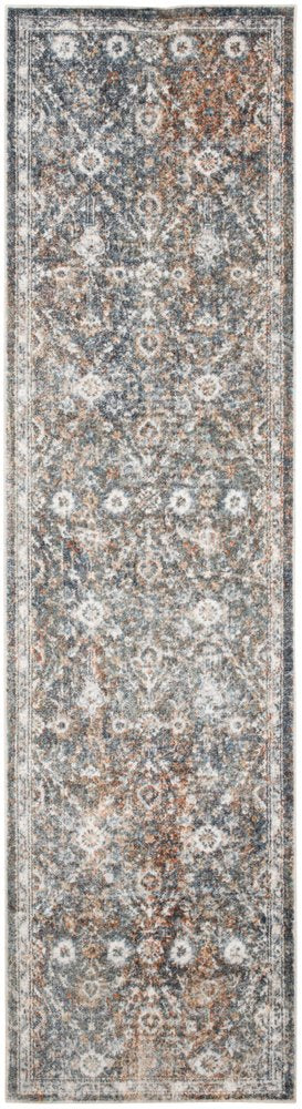 6' Ivory Blue And Rust Floral Distressed Runner Rug