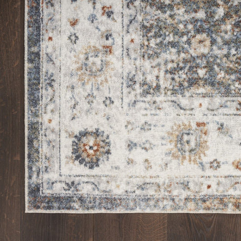 6' Ivory Blue And Rust Floral Distressed Runner Rug
