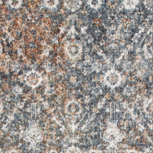 6' Ivory Blue And Rust Floral Distressed Runner Rug
