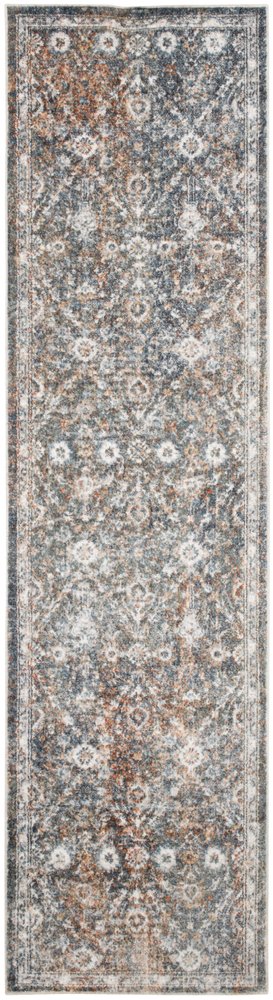 6' Ivory Blue And Rust Floral Distressed Runner Rug