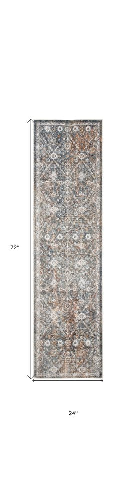 6' Ivory Blue And Rust Floral Distressed Runner Rug
