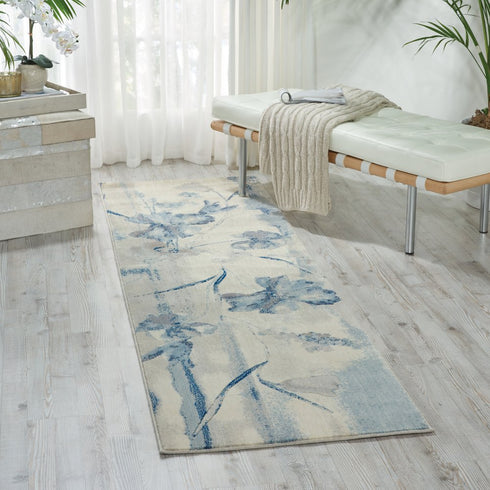 8' Ivory And Blue Floral Non Skid Runner Rug