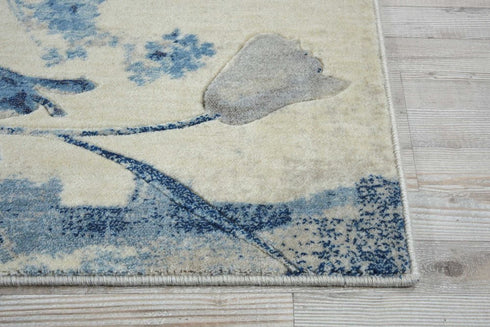 8' Ivory And Blue Floral Non Skid Runner Rug