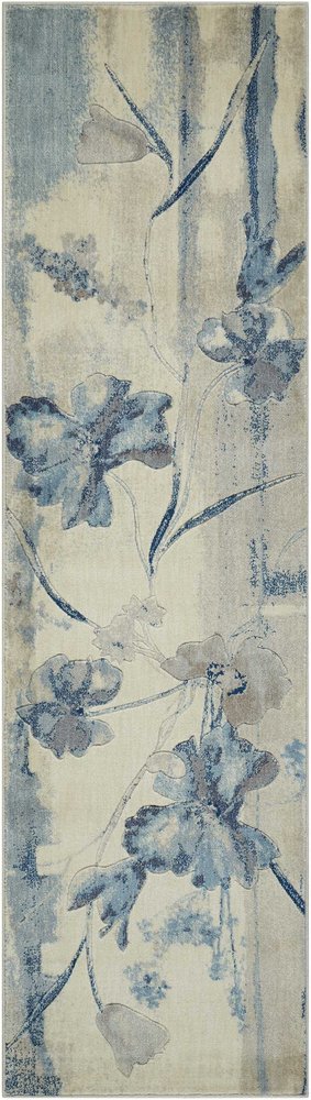 8' Ivory And Blue Floral Non Skid Runner Rug