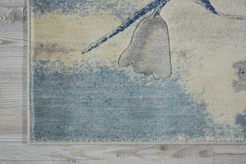 8' Ivory And Blue Floral Non Skid Runner Rug