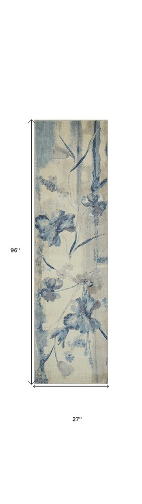 8' Ivory And Blue Floral Non Skid Runner Rug