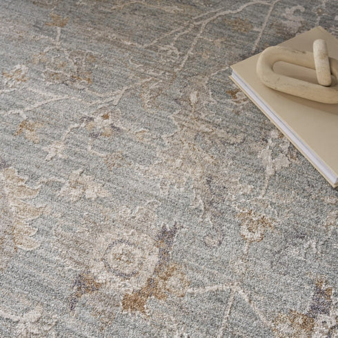 8' X 10' Blue Floral Power Loom Distressed Area Rug With Fringe