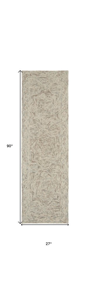 8' Blue and Ivory Wool Geometric Runner Rug