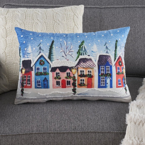 20" X 14" Blue And Red Christmas Geometric Throw Pillow with Embroidery