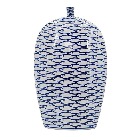 16" Blue And White Fish Print Oval Ceramic Table Vase