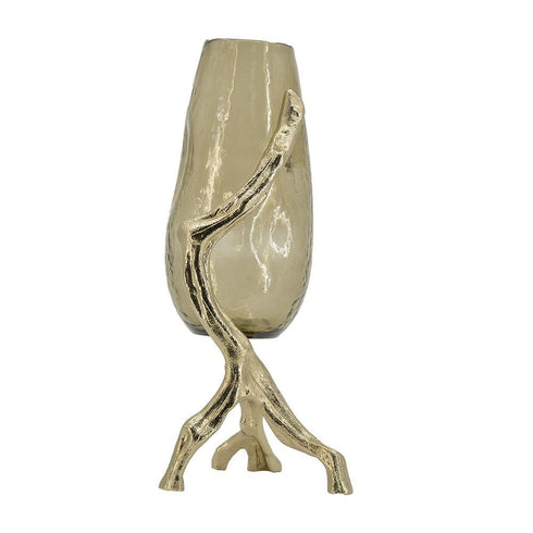 18" Champagne Glass And Metal Table Vase