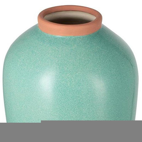 13" Aqua And Terra Cotta Ceramic Round Table Vase