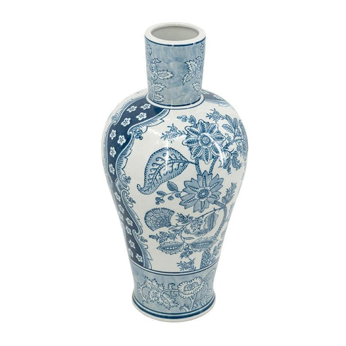 17" Light Blue And White Floral Round Porcelain Table Vase