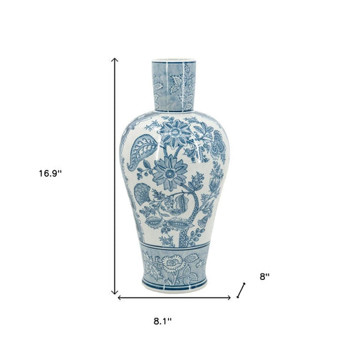 17" Light Blue And White Floral Round Porcelain Table Vase