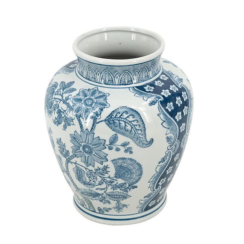 11" Light Blue And White Floral Round Porcelain Jar