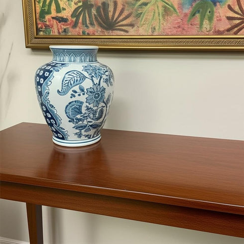 11" Light Blue And White Floral Round Porcelain Jar