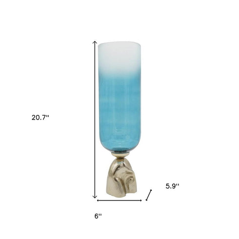 21" Blue White And Gold Ombre Glass And Aluminum Pedestal Table Vase