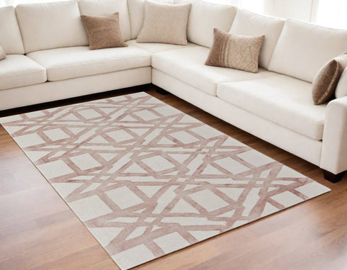 9' X 13' Ivory Pink and Tan Wool Geometric Hand Tufted Area Rug