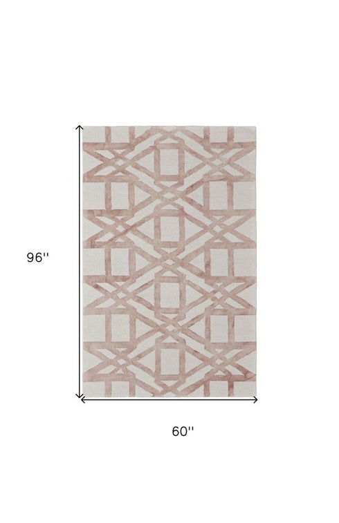 9' X 13' Ivory Pink and Tan Wool Geometric Hand Tufted Area Rug