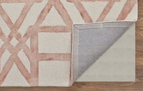9' X 13' Ivory Pink and Tan Wool Geometric Hand Tufted Area Rug