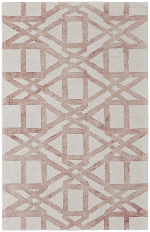 9' X 13' Ivory Pink and Tan Wool Geometric Hand Tufted Area Rug