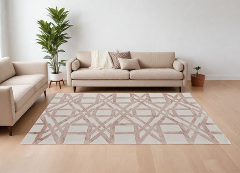 9' X 13' Ivory Pink and Tan Wool Geometric Hand Tufted Area Rug