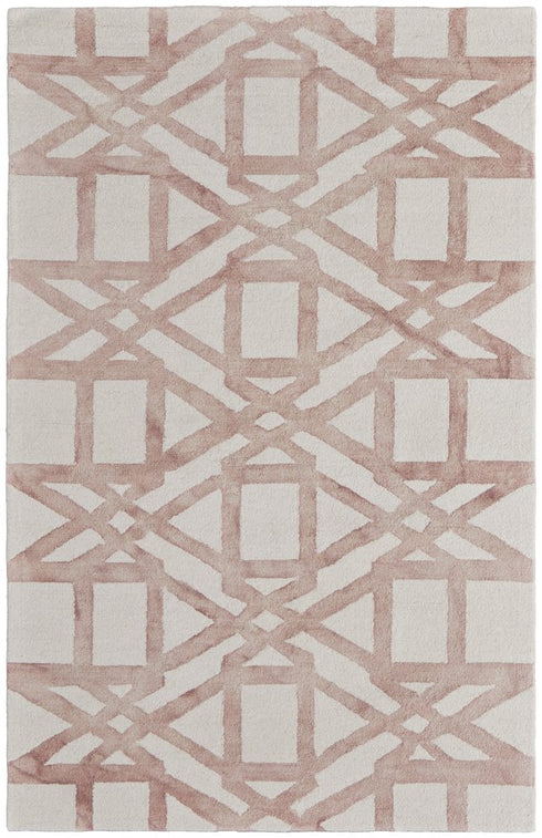 9' X 13' Ivory Pink and Tan Wool Geometric Hand Tufted Area Rug