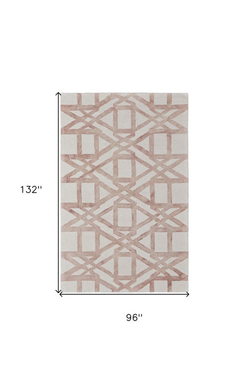 9' X 13' Ivory Pink and Tan Wool Geometric Hand Tufted Area Rug