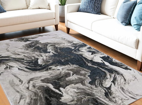 9' X 12' Ivory Black and Taupe Abstract Power Loom Area Rug