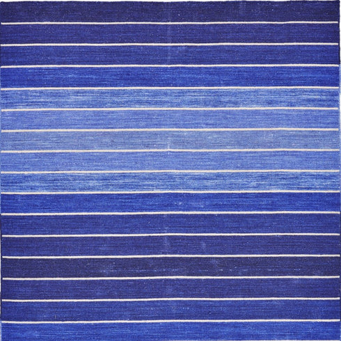 8' X 11' Blue Wool Striped Hand Woven Area Rug