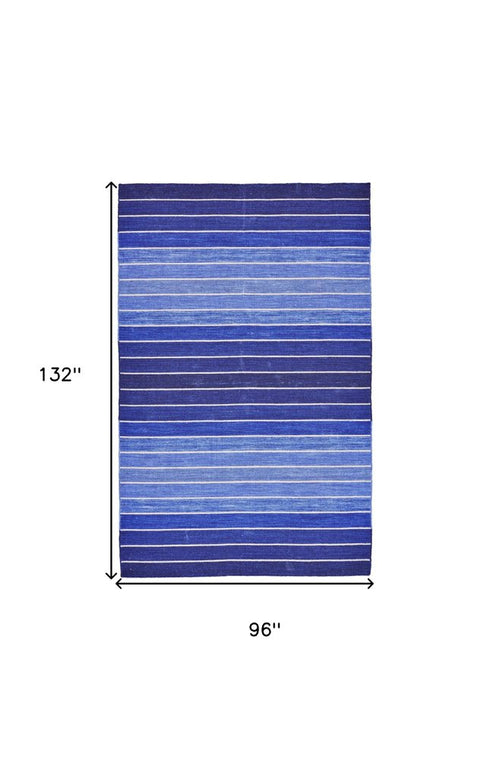 8' X 11' Blue Wool Striped Hand Woven Area Rug
