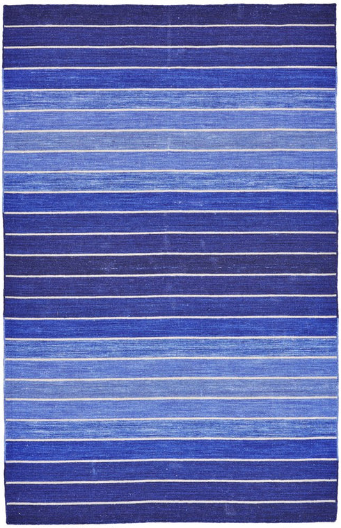 8' X 11' Blue Wool Striped Hand Woven Area Rug