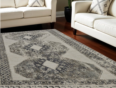 8' X 11' Gray and Ivory Abstract Power Loom Worn Faded Area Rug
