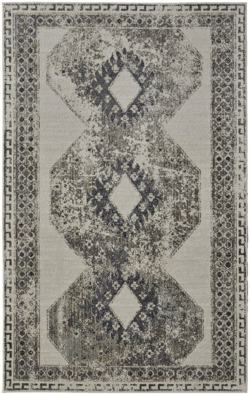 8' X 11' Gray and Ivory Abstract Power Loom Worn Faded Area Rug