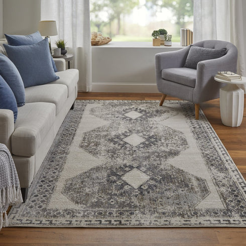 8' X 11' Gray and Ivory Abstract Power Loom Worn Faded Area Rug