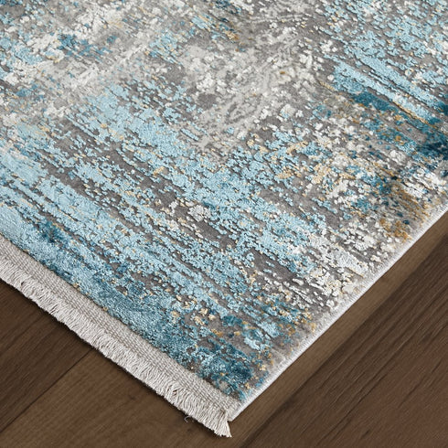 8' X 11' Ivory Gray and Blue Abstract Power Loom Area Rug With Fringe