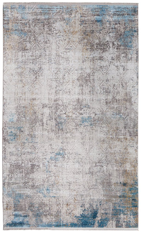 8' X 11' Ivory Gray and Blue Abstract Power Loom Area Rug With Fringe