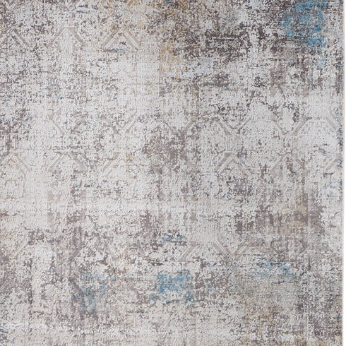 8' X 11' Ivory Gray and Blue Abstract Power Loom Area Rug With Fringe