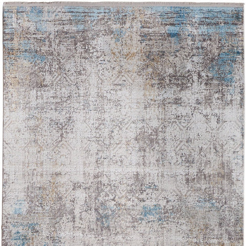 8' X 11' Ivory Gray and Blue Abstract Power Loom Area Rug With Fringe