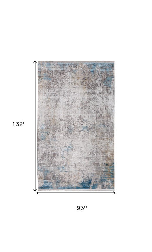 8' X 11' Ivory Gray and Blue Abstract Power Loom Area Rug With Fringe