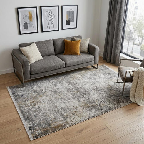 8' X 11' Ivory Taupe and Gray Abstract Power Loom Distressed Area Rug With Fringe